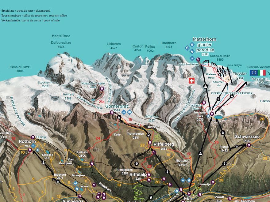 Sommarkarta över Zermatt med inritade vandringsleder och lin- och bergbanor; Zermatt Tourismus