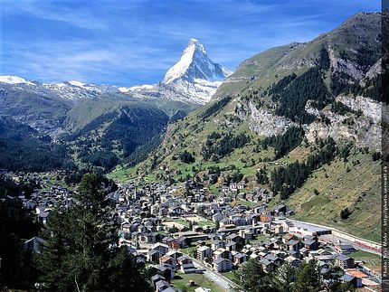 Zermatt med stationen nere till höger.          Foto: Zermatt Tourismus