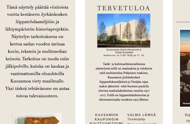Kansanedustajamme Ulla Parviainen on lupautunut avaamaan näyttelyn yhdessä kulttuuritalon johtajan Marke Vornasen ja Taiteilijaseura Koillisen puheenjohtaja Lea Iso-Möttösen kanssa. Joko olet ilmoittautunut avaukseen ? Ilmoittautuminen: viesti; valma.lamsa@iki.fi tai tekstiviesti; 0500-693640. TERVETULOA !
