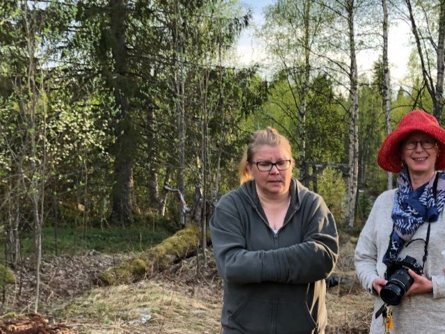 Taiteilijamaisteriopiskelijoita ja maisteriohjelman projektipäällikkö Salla-Mari Koistinen (oikealla) keskustelevat kalliopuutarhaan istutetuista Lea Iso-Möttösen lahjoittamista Vuorenkilpi-kasveista, - - ja mitkä muut kasvit mahdollisesti menestyvät näin aurinkoisella aukiolla.