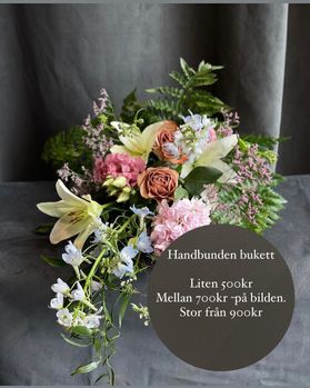 handbunden begravningsbukett med text