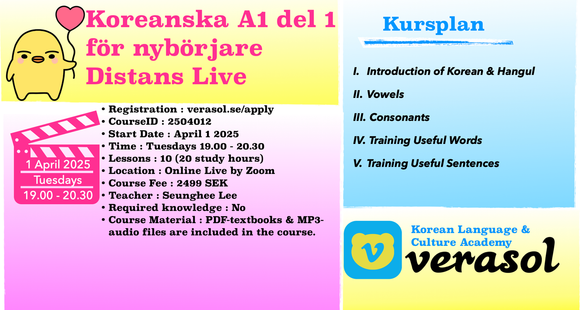 Verasol Korean Course Online Offline, Learn Korean in-class course, Koreanska distanskurs