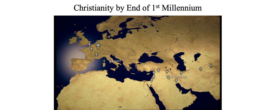 By the year 1000 AD, Christianity had spread from Palestine--going east to Iraq, on to India and China.   It had spread west to Spain and Portugal, northwest to the British Isles, a little later to Scandinavia, then northeast to the Russian Empire.  In Africa in the south, the faith was retained in the Ethiopian Empire. It had become a Global Religion.