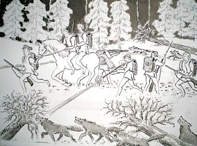 Uusi 7-veljestä kirja myyteistä faktoiksi: Pako Impivaarasta, 36x46 cm, tussilaveeraus. Aleksis Kivi: 