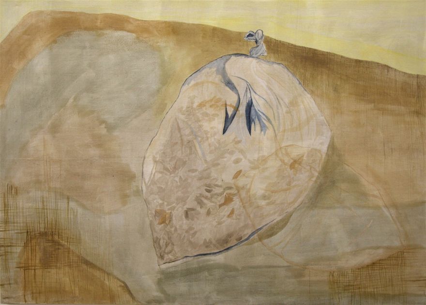 Seeds / Pigments made of clover, woad and sand on linen / 233 x 166 cm