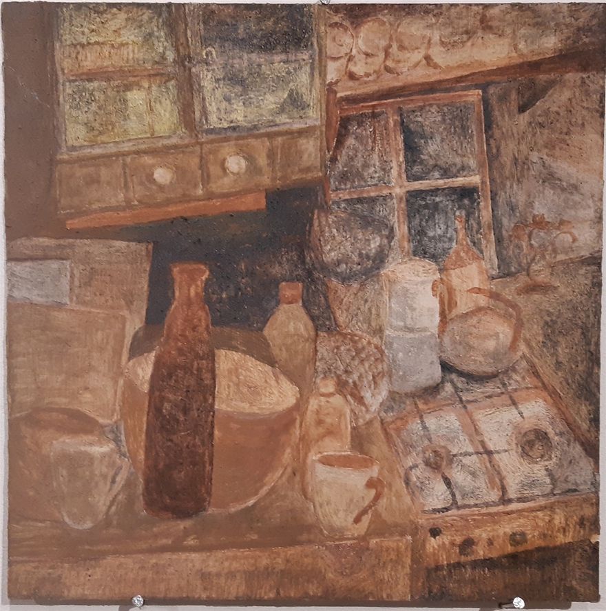 Kitchen with no entry / 2020 / 30cm x 30cm / Selfmade pigments, binding medium tragacanth / Pocket-Gallery