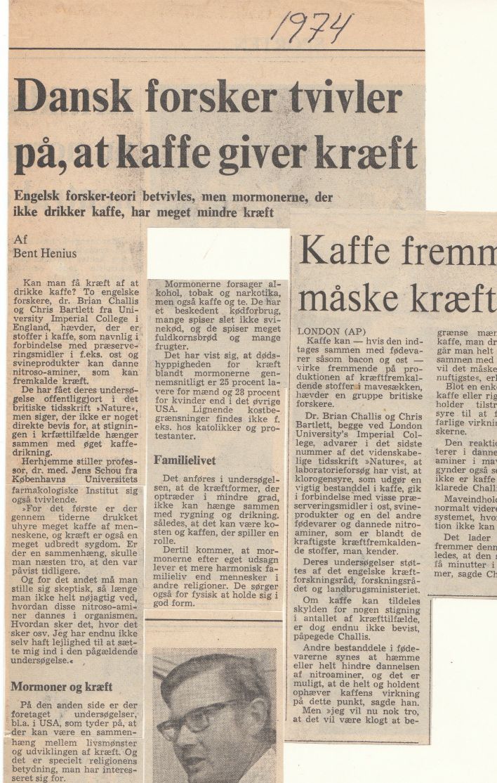 Dr. James E. Enstrom fra University of Californien i Los Angeles gjorde i midt af 1970èrne en undersøgelse af den religiøse kristne menighed mormonernes levevis og satte den i forbindelse med forekomsten af kræft. Dengang tvivlede to danske forsker på, at kaffe kunne give kræft? Mormonerne forsager alkohol, tobak og narkotika, men også kaffe og den traditionelle kinesisk the. De har et beskedent kødforbrug, mange spiser slet ikke svinekød, og de spiser meget fuldkorn og mange frugter. Det viste sig også, at dødeligheden for kræft blandt mormonerne gennemsnit er 25 procent lavere for mænd og 28 procent for kvinder end det øvrige U.S.A. Lignende kostbegrænsninger findes ikke for hos katolikker, protestanter Jehovas Vidner og andre religiøse kristne sekter+