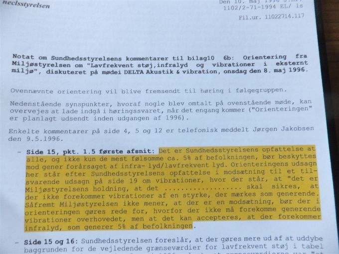 Direktør for Sundhedsstyrelsen Ella Lauritsen ville have klare regler for, hvor megen påvirkning der findes for patienter som er plaget af vibrationer (se billede øverst). Hun ville have, at Jørgen Jacobsen Miljøstyresen skulle uddybe mere om vibrationer i svar side 15. Se billede?