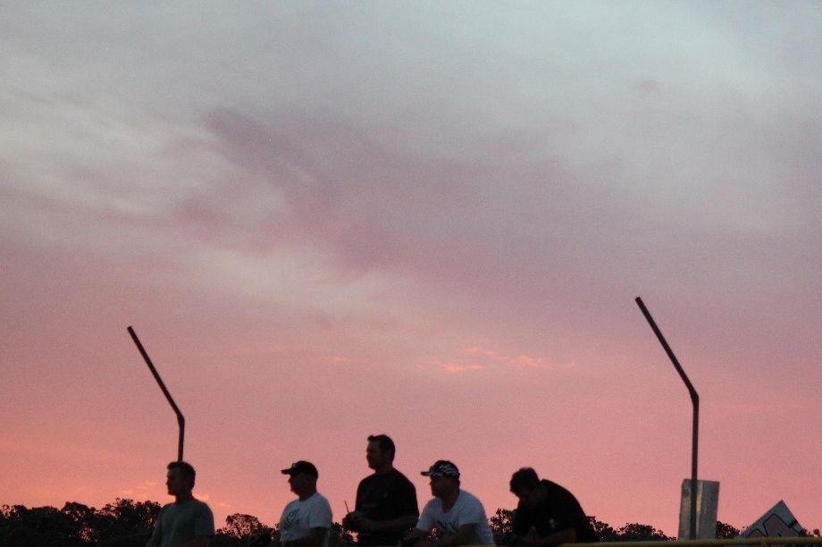 Sunset over the drivers' stand.