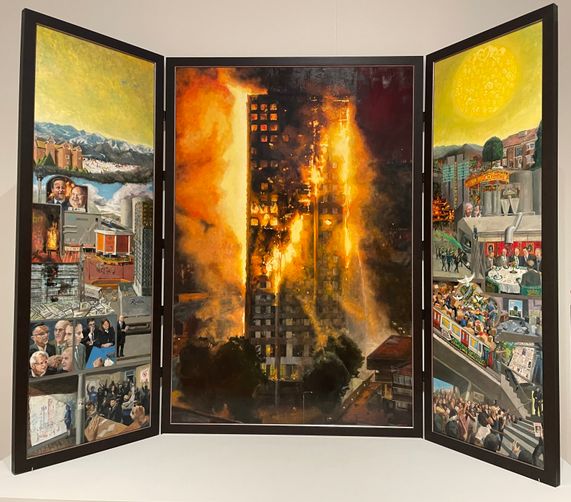 Nicholas Baldion, 2023. Oil on Board. Social Murder: Grenfell.