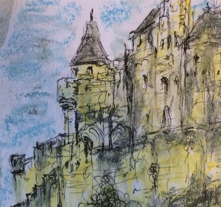Carcassonne.  Pastel and ink on paper 15x15 cm