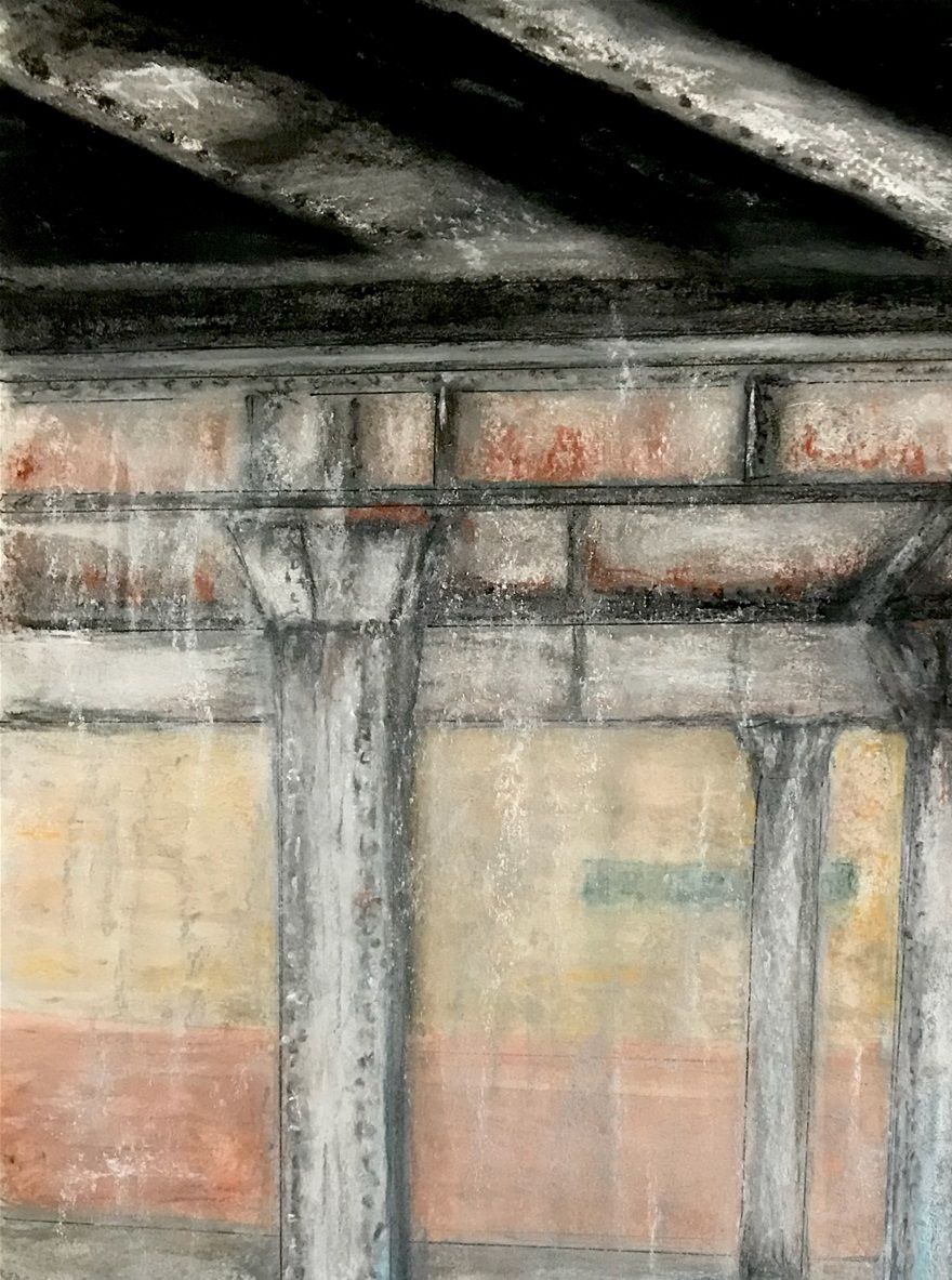 wet morning in Horley railway station, platform 1. pastel and charcoal on paper, 40x25 cm