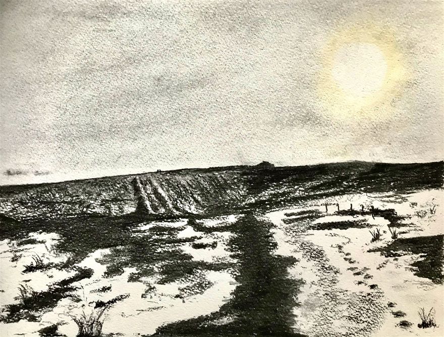 Coldstone Cut (on the horizon), Beverly, North Yorkshire: charcoal and watercolour on textured paper 40 x 30 cm