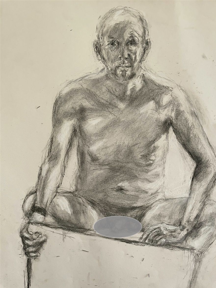 Uncharacteristic attempt at life drawing, direct from life (obviously). Lack of suitable model. Charcoal and white pastel on paper 50 x 40 cm (redacted version)