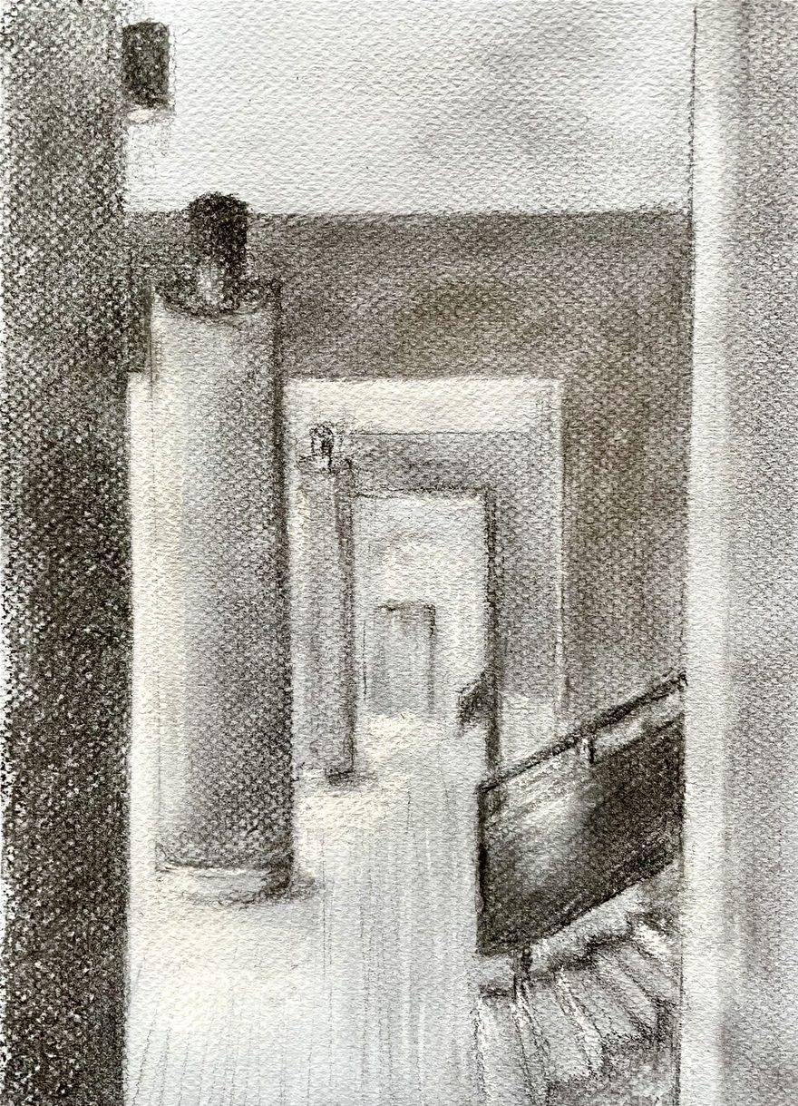 Another Barbican drawing. Charcoal and pastel on paper 30 x 12.5 cm