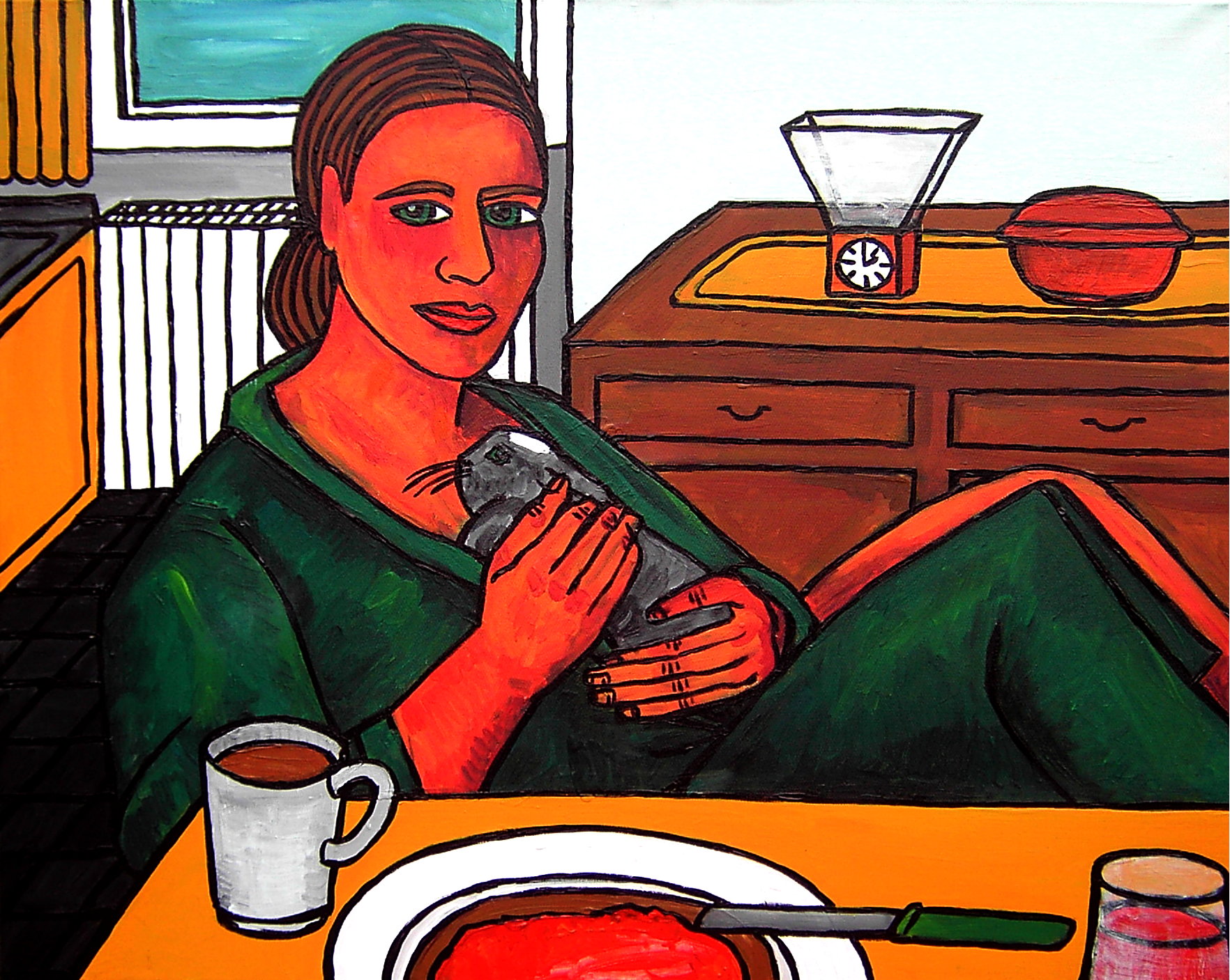 Frau mit Kaninchen beim Frühstück