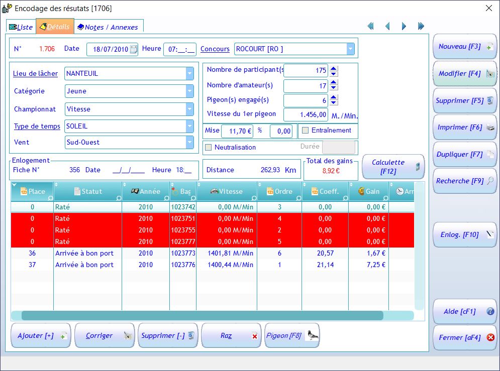 Resultats | Winpig - Logiciel pour colombophiles