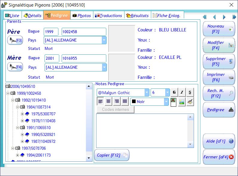 Signaletiques | Winpig - Logiciel pour colombophiles