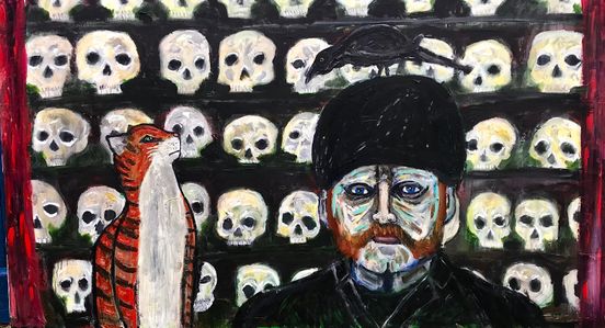 Self portrait with skull background.