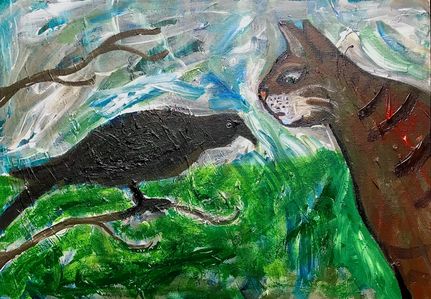 Cat looking at crow.