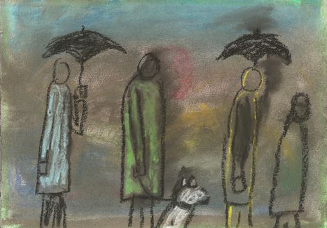 queue in the rain 