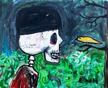 Skeleton and yellow bird.