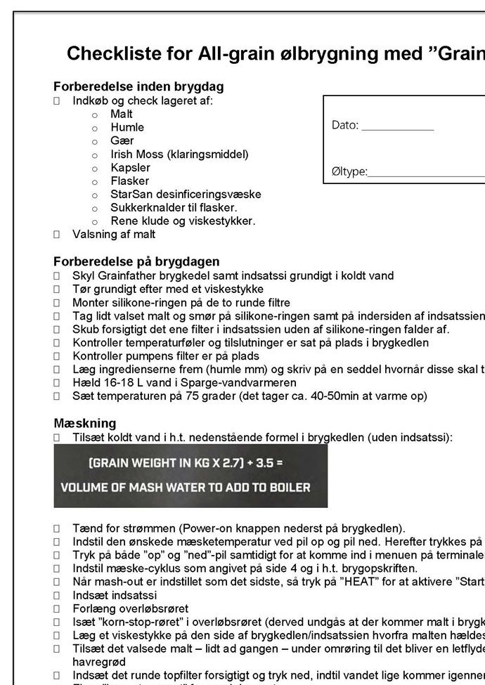 Checkliste til ølbrygning på Grainfather