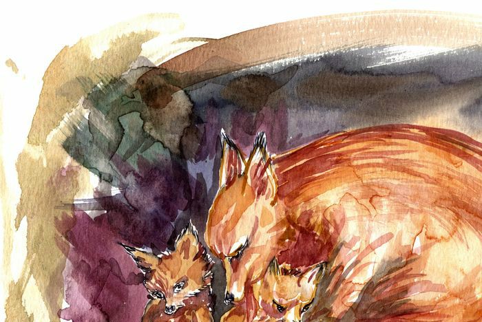 Pendant un mois la renarde a allaité ses deux jumeaux dans une renardière cachée sous les racines d'un olivier plusieurs fois centenaire. Pendant ce temps, le père renard a aidé sa compagne en chassant et en lui recherchant de la nourriture.