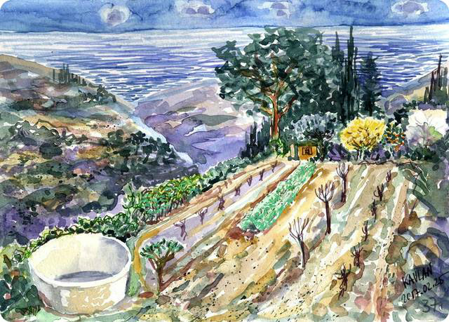 Here is the setting in which this adventure is happening:
1) The cistern that Gou and Pil fell into. Front left.
2) The yucca hedge where the mother fox is hiding. On the left following the hedge.
3) Two rows of beans. In the middle of the garden.
4) Rows of grapevines and some leafless trees. On each side of the beans.
5) At the end of the garden we see a large pine tree, an olive tree above a shed, a beautiful yellow mimosa, and on the right an almond tree also in bloom.
6) Farther away some cypress trees stand out before the Mediterranean Sea and reach to the sky.
7) On the left, the valley lying between the hills of Nice.