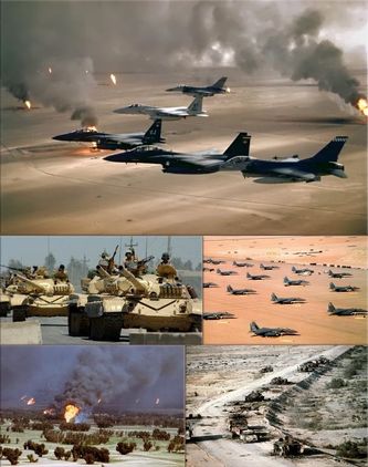 Bajo el liderazgo de las Naciones Unidas, la Operación Tormenta del Desierto (Operation Desert Storm) con una coalición militarizada de 33 países, de los cuales Estados Unidos es la punta de lanza, provocará una ola de bombardeos en Irak, sin precedentes, del 18 de enero a 28 de febrero de 1991 Bajo el liderazgo de las Naciones Unidas, la Operación Tormenta del Desierto (Operation Desert Storm) con una coalición militarizada de 33 países, de los cuales Estados Unidos es la punta de lanza, provocará una ola de bombardeos en Irak, sin precedentes, del 18 de enero a 28 de febrero de 1991