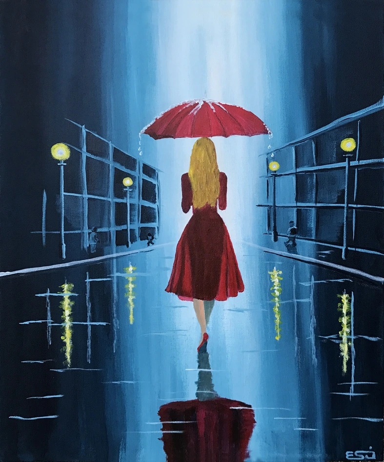 Sommerregn – Stemningsfuldt maleri med kvinde i regn | YourArt