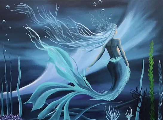 Originalt abstrakt havmaleri inspireret af myten om Atlantis. Stemningsfuld kunst i blå nuancer af Esben Skovgaard Jensen Originalt abstrakt havmaleri inspireret af myten om Atlantis. Stemningsfuld kunst i blå nuancer af Esben Skovgaard Jensen