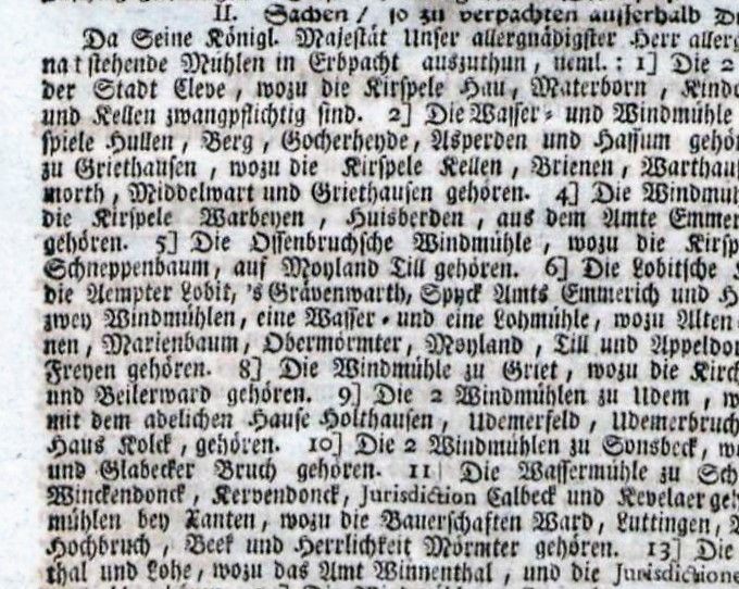 Gedeelte van een advertentie uit de Duisburger Intelligenzzettel van 1765 waarin voor de koninklijke molens in 58 plaatsen een erfpachter gezocht wordt.